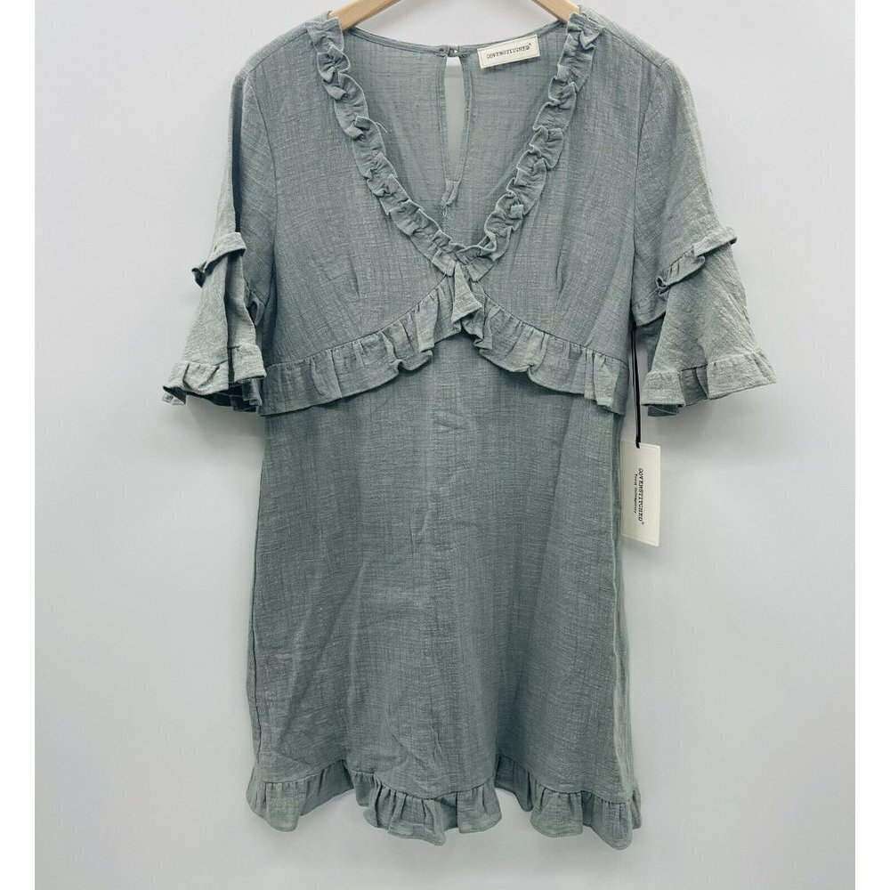 Coverstitched Womens Small Short‎ Sleeve Ruffle V Neck Casual Shift Dress Green